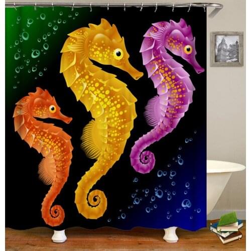 Bath Curtain Ocean Fish Shark Seahorse Shower Curtains 180*180cm Waterproof Bathroom Home Washable Fabric Bath Screen 12 Hooks