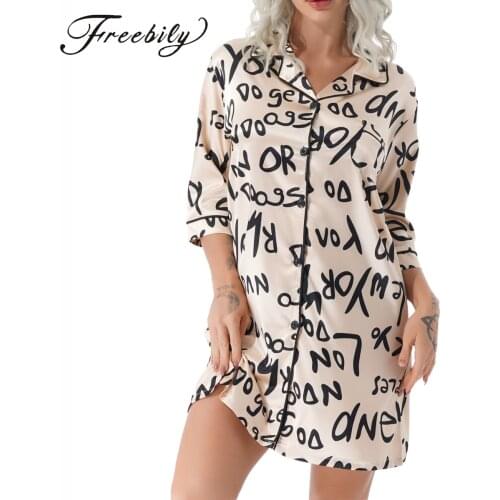 Womens Sexy Satin Nightdress 3/4 Sleeve Nightshirt Button Down Turn-Down Collar Nightgown Sleepshirt