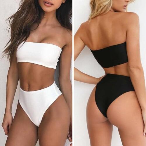 Womens Swimming Suit 2021 Sexy Women Solid Color Tube Top Bandeau High Waist Panties Set Bikini Swimwear