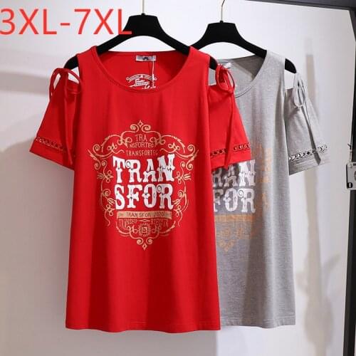 New 2021 Ladies Summer Plus Size Tops For Women Large Short Sleeve Loose Cotton Off Shoulder Red Print T-shirt 4XL 5XL 6XL 7XL