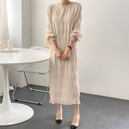 Ruffles Pleated Chiffon Dress Women O-Neck Loose Long Sleeve Casual Elegant Long Midi Dress Party Straight Vintage Sweet 2021