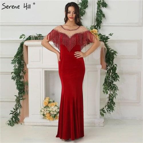 Sexy Sheer Neckline Mermaid Evening Dresses with Tassels Long Floor Length Prom Gown Dubai Robe De Soiree Formal Gown BLA6622