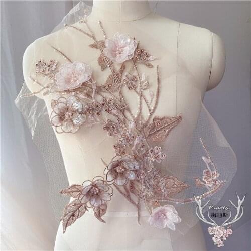 1 PC Light Coffee Color Through Bright Pieces of Pink Flower Gauze Embroidery Evening Dress DIY Lace Fabric Embroidery Patch