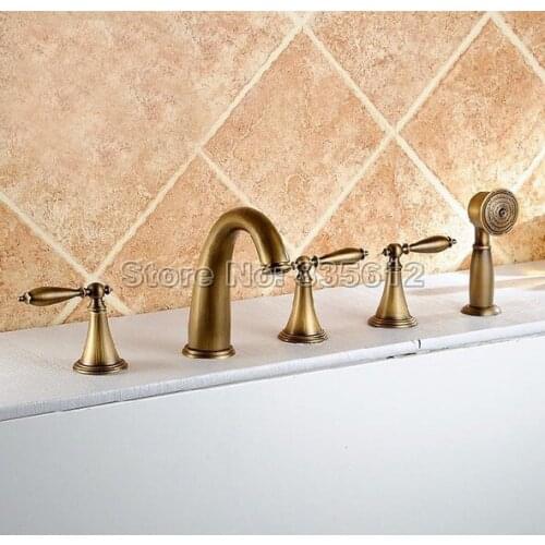Antique Brass Widespread Bath Tub Faucet with Bathroom Shower Handheld Spray Deck Mounted 5 Hole Faucets Wtf036