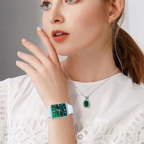 Watch For Women Fashion Square Quartz Watches Necklace Set Green Dial Simple Leather Wristwatch Clocks Jewelry Gift montre femme