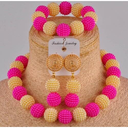 Elegant fuchsia pink and champagne gold african beads jewelry set FZZ97-08