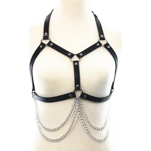 Goth Leather Body Chain Harness Bra Women Top Chest Waist Belt Witch Gothic Punk Metal Chain Belt Sexy Lingerie Exotic