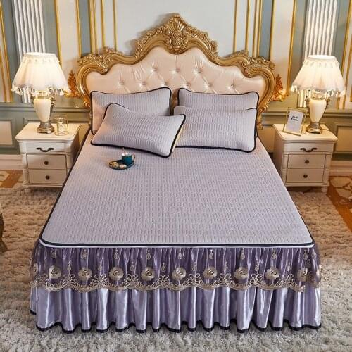 3pcs Bedding Set European Luxury Summer Cooling Bedspread Latex Ice Silk Elegant Bed Skirt Zipper Removable Quilted Bedspread