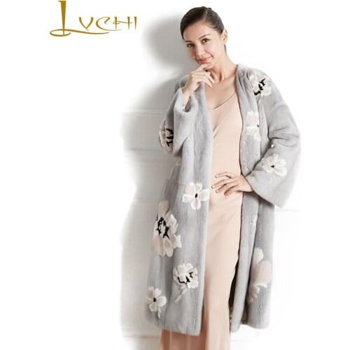 LVCHI 2019 Update Swan Velvet Mink Fur Coat Full Sleeve Real Fur Coats Print Patchwork Flower Women V-Neck Long Mink Fur Coats