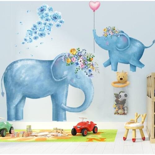 Cartoon Blue Elephant With Garland Wall Decal Warm Wallpaper For Kids Room Cute Animal Self-adhesive Wall Sticker Home Decor