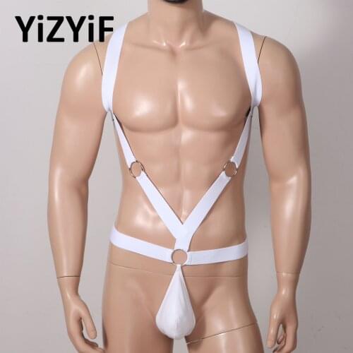 Full Body Elastic Harness Mens Gay Exotic Bulge Pouch T-back G-string Thongs Underwear Body Bodysuit Sleepwear