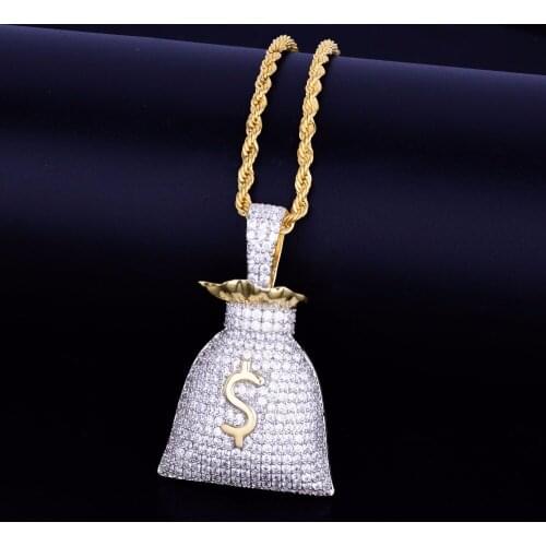BWAVKE US Dollar Money Bag Pendant Gold Color Bling Cubic Zircon Mens Hip Hop Necklace Jewelry