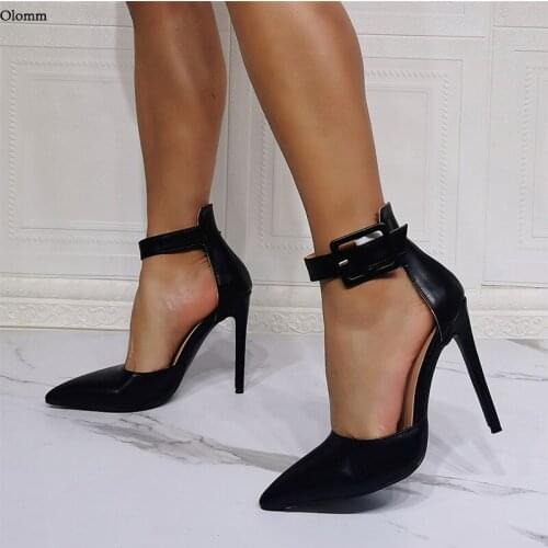 Olomm Handmade Women Summer Pumps Ankle Strap Sexy Stiletto Heels Pointed Toe Elegant Black Party Prom Shoes Women US Size 5-15