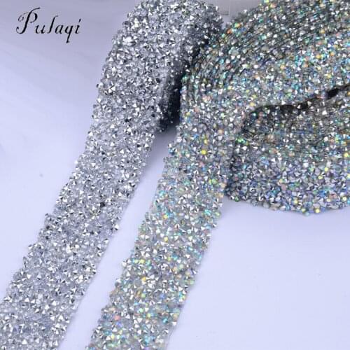 Pulaqi 1 Yard*3mm DIY Rhinestones Strass Crystal Chain Hot Fix Glitter Dress Rhinestone Motifs Ribbon Hot-Fix Patches Decor F