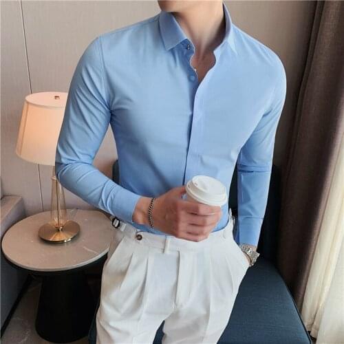 Top Quality Luxury Business Formal Wear Concealed Placket Long Sleeve Shirt Men Clothing 2021 Simple Slim Fit Chemise Homme 4XL