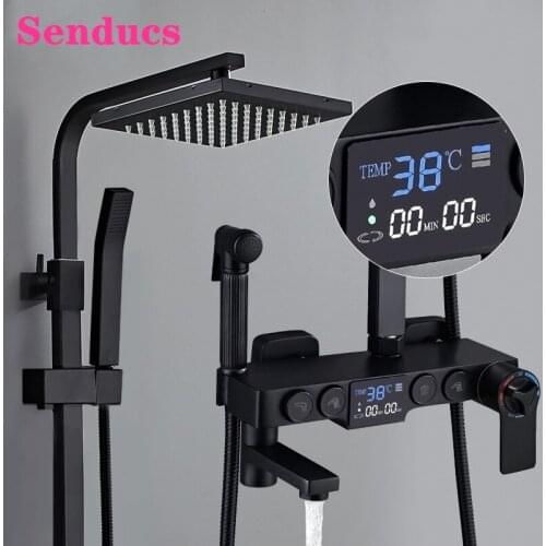 Thermostatic Shower Mixer Set Senducs Matte Black Bathroom Shower System Quality Copper Bathtub Faucet Digital Shower Set