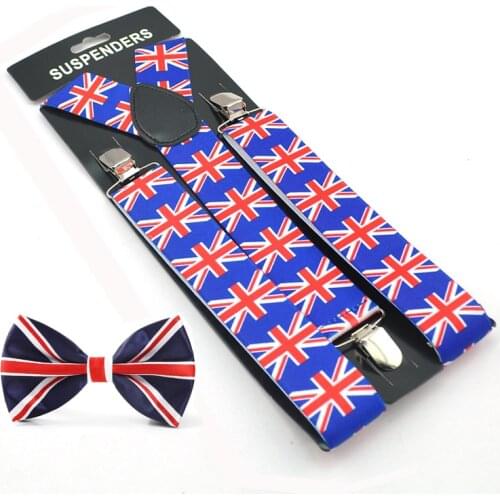 England British flag 3.5cm wide suspender bow tie set Man Unisex Office Casual Brace Gallus bowtie Set Gift Cravat Formal Dress