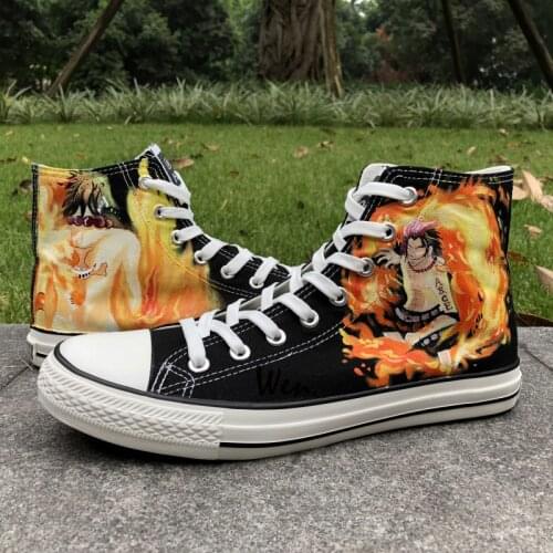 Wen Anime Black Hand Painted Shoes Design Custom One Piece Ace Men Womens High Top Canvas Sneakers Gifts for Man Boys