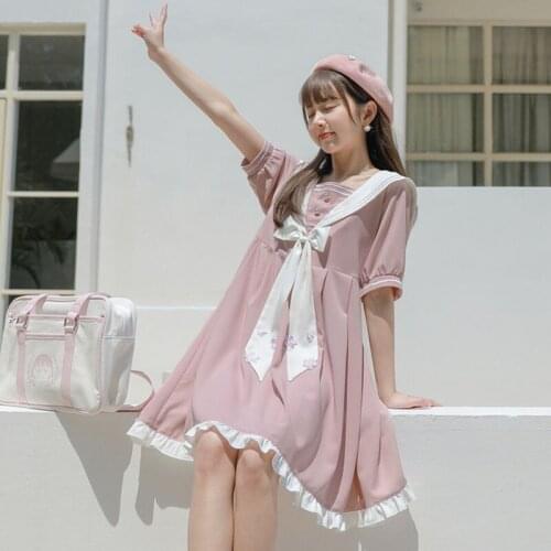 Japanese Kawaii Lolita Dress Gentle Style College Dress Loose Navy Collar Sweet Summer Dress 2021 New