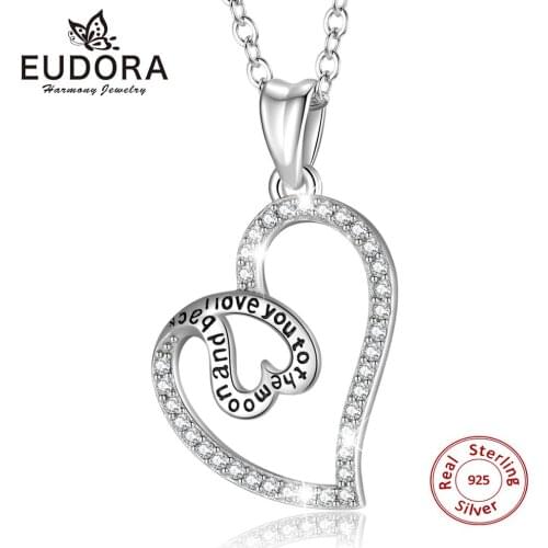Eudora 925 Sterling Silver I Love You to the moon and back Pendant Heart Necklace with AAA CZ Collar Jewelry for Women lady D78