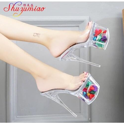 Women Slippers Summer 2019 Sexy Crystal Slipper Thin Heels 17cm Transparent Sandals Cool Slippers Size 34-43 Females Wedding