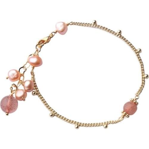 Pink Freshwater Pearl Bracelet Strawberry Crystal Chain Tassel Pendant Bracelets Fashion Women Jewelry Temperament Bangle Gifts