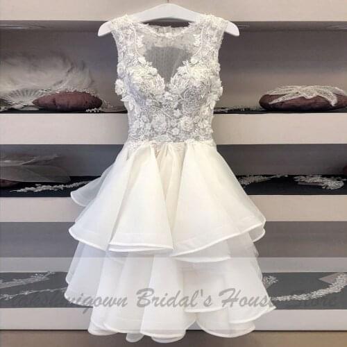 Pretty Organza Ruffles Wedding Dress Short Robe ete Femme 2020 Vintage Lace Flowers Bridal Dress for Wedding Beach Party Gowns