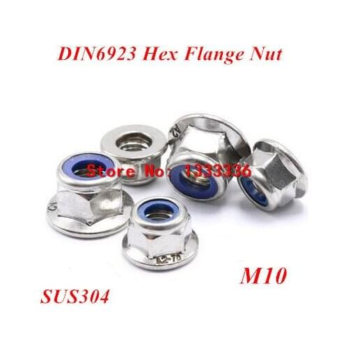20pcs M10 DIN6923 Hexagon Flange Nuts 304 Stainless steel Nylon Insert Hex Nuts with Flange