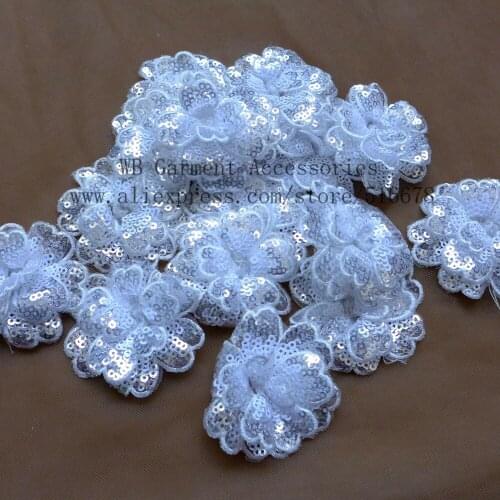 30pieces/lot new fashion sparkling White silver sequins mixed 3D flowers DIY sew-on clothes skirt patch applique 6cm diameter