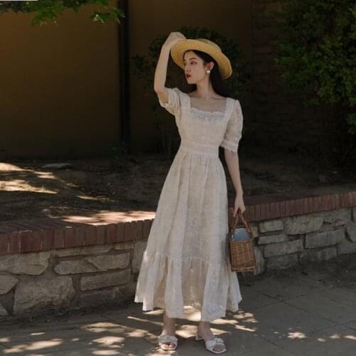 French Lace Embroidery Square Neck Dress 2021 Summer New Vintage Elegant Female Princess Fairy Party Chic Long Dress
