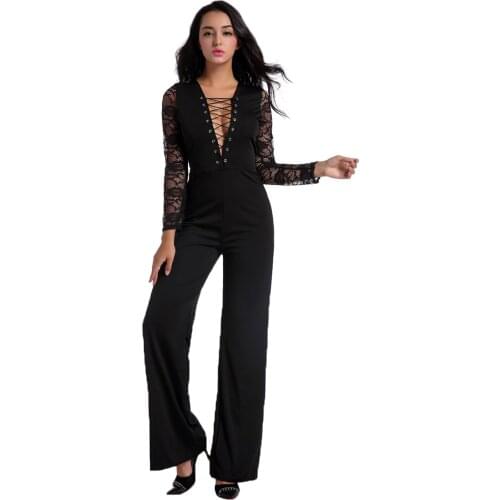 Free Shipping Black Lace Long Sleeve Pant Jumpsuit 3SF2524