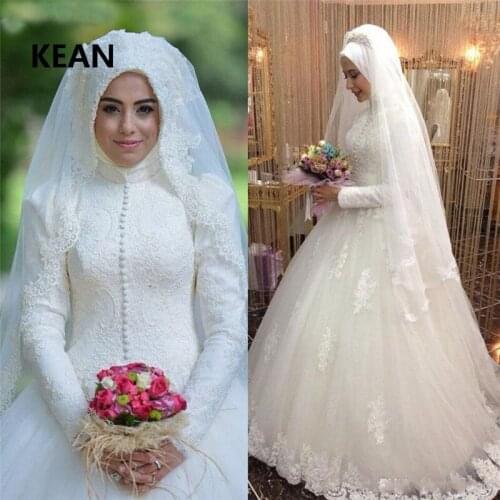 Muslim Wedding Dresses High neck Long Sleeve Veil Vestido De Noiva Dubai Arabic Wedding Gown Bride Dress
