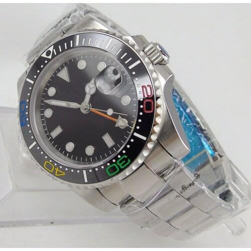 40mm Automatic Men Watch Ceramic Bezel Brushed Oyster Strap GMT Sapphire Glass Screwdown Crown