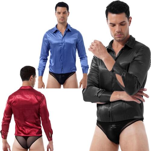 Men Satin Bodysuit Fashion Casual Button Down Long Sleeve Jumpsuits Business Wedding Party Turn-down Collar Coveralls Sleepwear