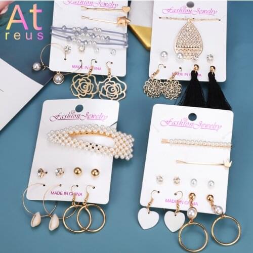 Simulated Pearl Hair Pins For Women Fashion Jewelry Set Choker Necklace Drop Earrings Beads Hairband Crystal Stud Earrings Set
