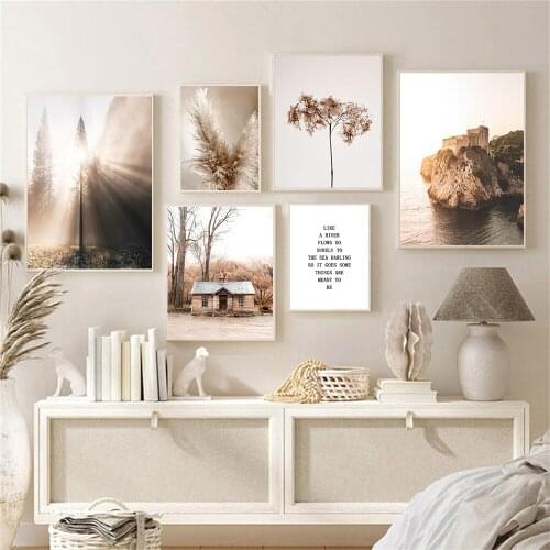 Nordic Reed Flower Plant Wall Art Poster Mountain River Tree Ray Natural Landscape Art Print Quotes Canvas Painting Home Decor