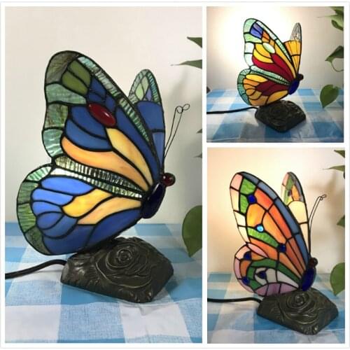 Stained Glass Tiffany Butterfly Lamps With US/EU Plug In E27 Bedroom Bedside LED Butterfly Light for Table Night Fixtures