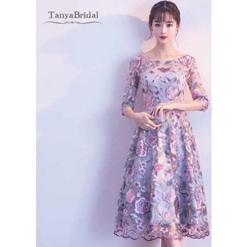 New Short Formal Bridesmaid Dresses Flowers Vestdios Bride Elegant Wedding Party Dress Guest Dress Half Sleeves Below Knee