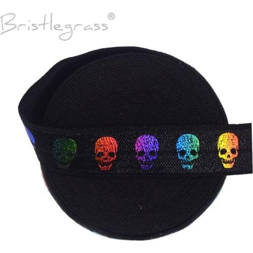 BRISTLEGRASS 5 Yard 5/8" 15mm Skull Rainbow Foil Print FOE Black Fold Over Elastic Spandex Satin Band Headband Tutu Dress Sewing