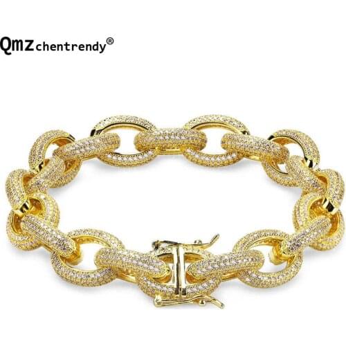 Drop Shipping Women Men Curb Cuban Hip hop Oval Chain Bracelets Copper Lab Bling Iced Out Full AAA Micro Pave CZ Chain Bangles