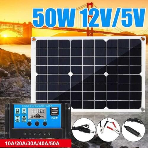 50W 12V/5V Silicon Solar Panel Dual Output USB Solar-Battery-Charger with 10/20/30A/40A/50A MPPT Solar Charge Controller