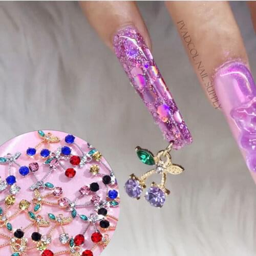 Mixed Cherry Dangle Nail Piercing Charms Loops Glitter Nail Art Charm Jewelry Rings for Tips Acrylic Gel Decoration