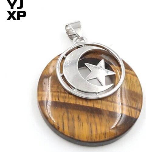 YJXP Silver Plated Round Hollow Natural Tiger Eye Stone with Star Pendant Half Moon Vintage Jewelry