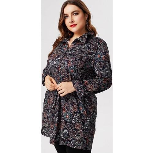 2020 Fall Plus Size women clothing Long sleeve Printed Floral blouse fashion ladies Vintage elegant mom Womens shirts Tops