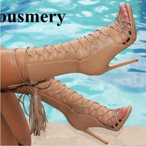 Women Sexy Nude Leather Lace-up Platform Gladiator Boots Cut-out Strap Cross High Heel Shorts Boots Dress Shoes