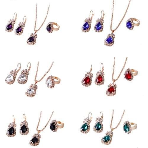 Fashion Waterdrop Shiny Rhinestones Necklace Ring Earrings Women Jewelry Set серьги женские kolczyki pendientes Christmas gifts