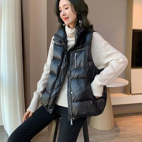 Women 2021 New Winter White Duck Down Coat Short Vest Stand Female Loose Thicken Soft Warm Sleeveless Zipper OverSize Waistcoat