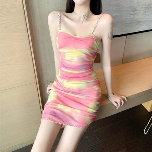 Chain Spaghetti Strap Mini Satin Dress Women Sexy Backless Bodycon Party Dress Ruched Gradient Stretch Short Club Dress
