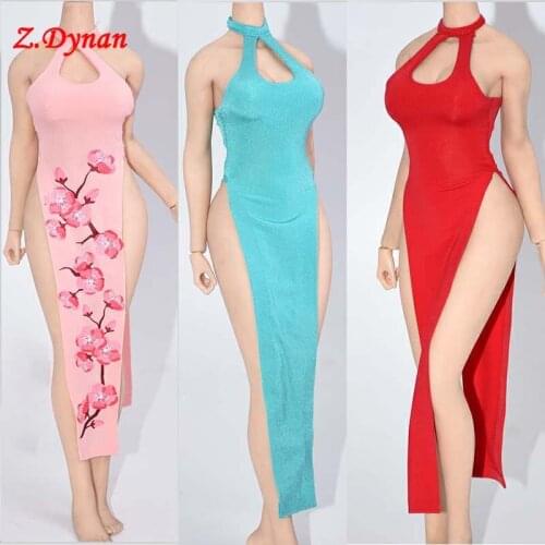 1/6 Scale female body clothes Pink purple beige sexy dress floral print halter-neck open chest high slit tight dress fit 12'' b