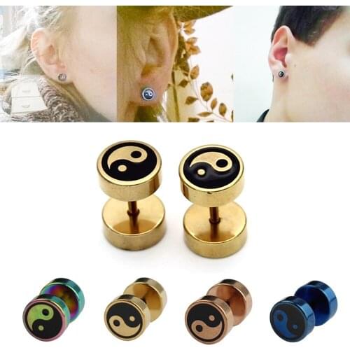 2pcs Yinyang Fake Ear Plugs Gauge Stainless Steel Studs Earrings Cheater Flesh Tunnel 16g Body Jewelry Pierceing Earring for Men